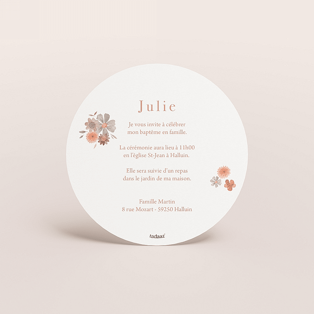 Invitation baptême rond arc bouquet floral et colombes Ma création