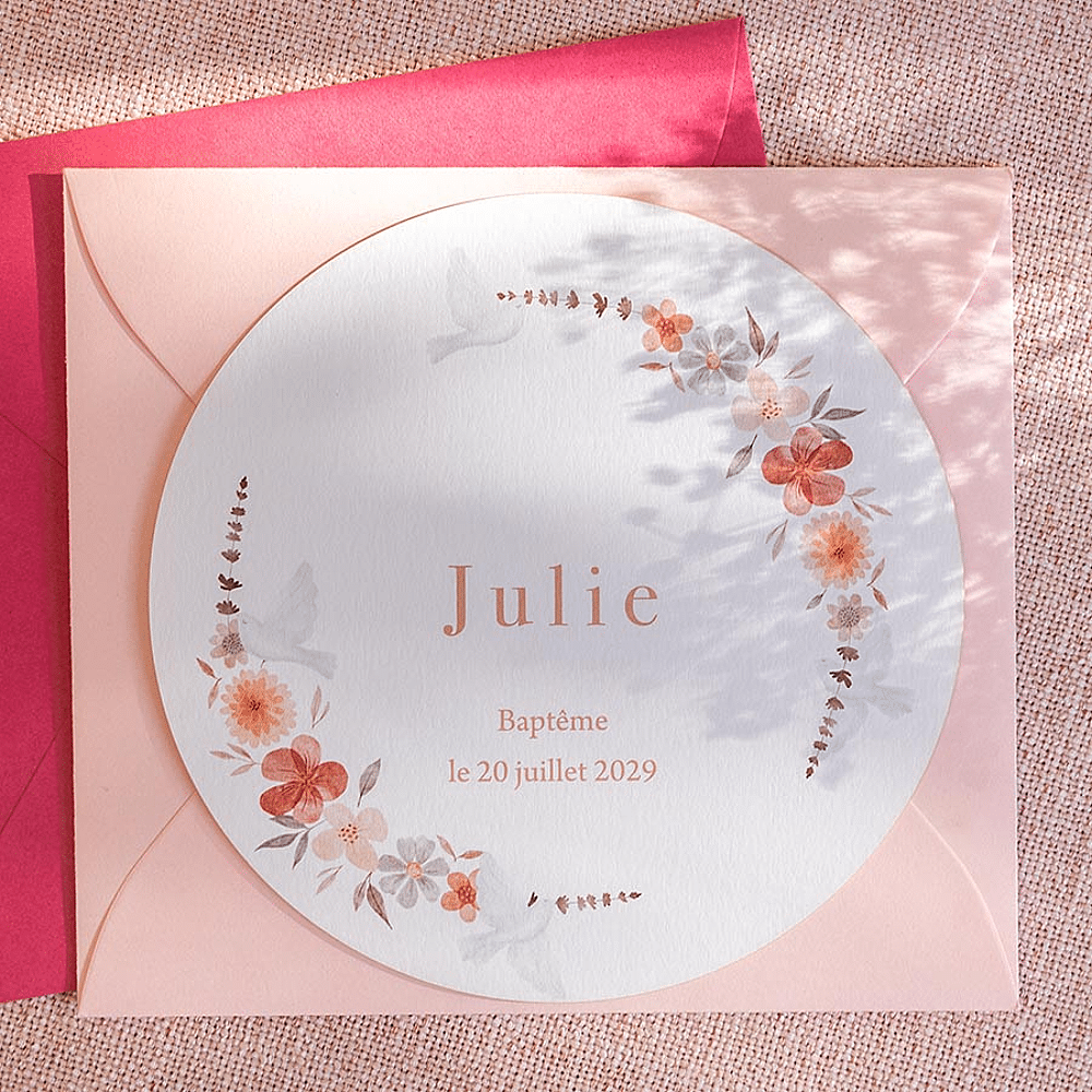 Invitation baptême rond arc bouquet floral et colombes Ma création