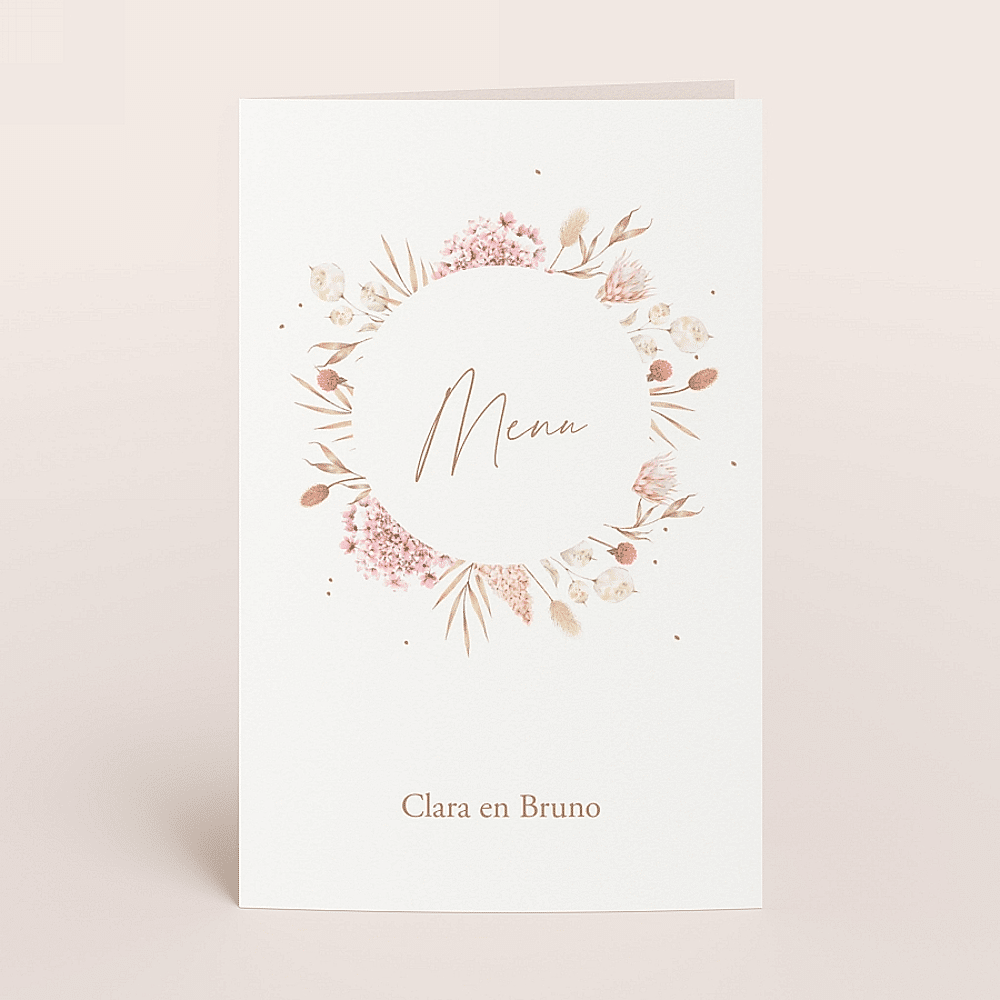 ava Stijlvolle menukaart met bloemenkrans en namen