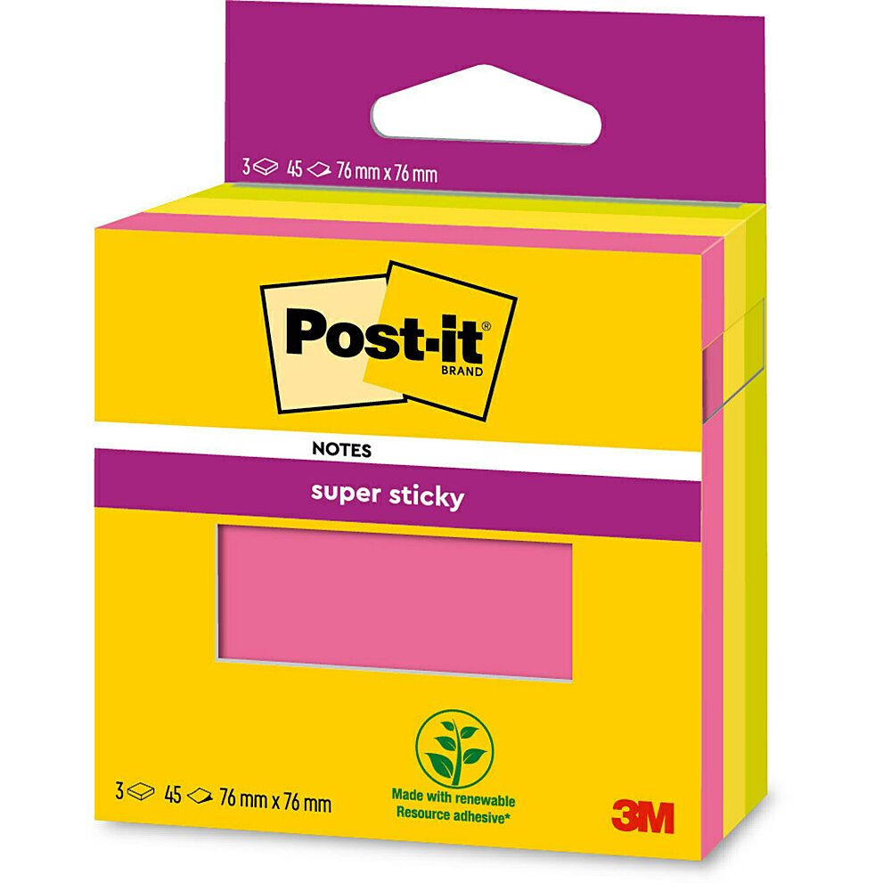 Post-it notes adhésives Super Sticky, 76 x 76 mm, 90 feuilles 