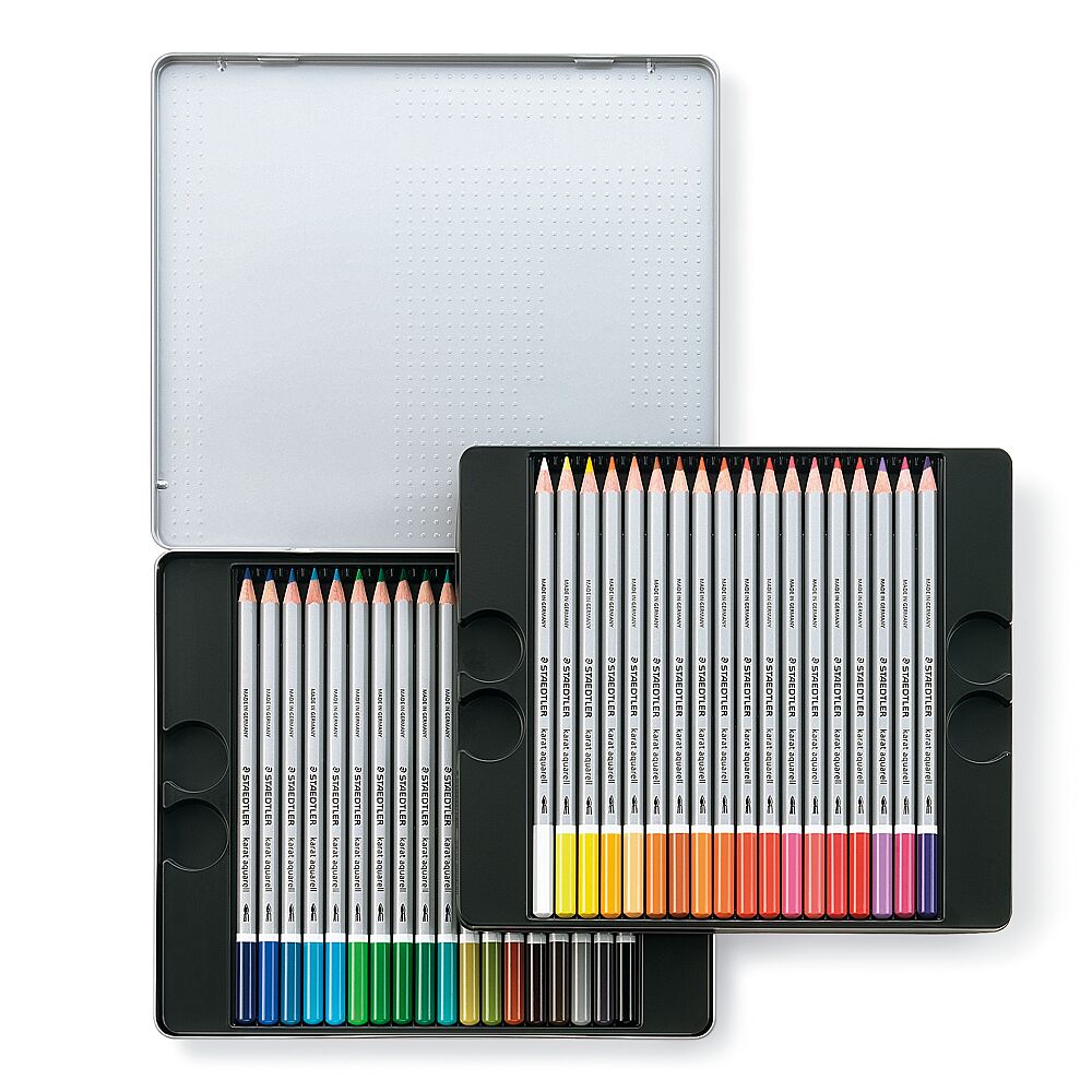 Boîte métal de 24 crayons assortis Grande miscibilité des couleurs 125 M24 Crayons de couleur aquarellables de qualité professionnelle Staedtler Karat Aquarell