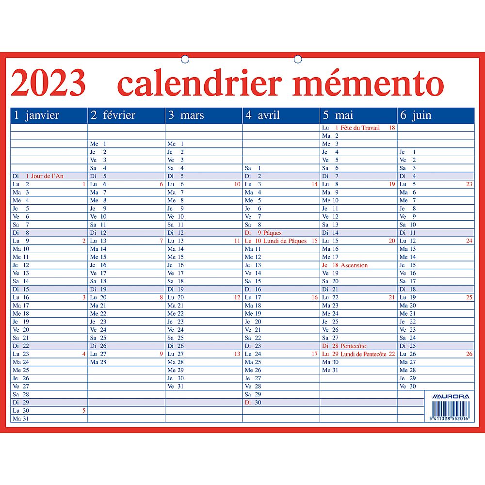 AURORA Memento Kalender FR 33x42cm Met Feestdagen Agenda's en