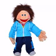 Handspeelpop Bendix, jongen met blauwe vest met rits en jeansbroek 65 cm - Living Puppets W710