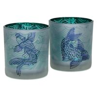HONSHU - Set 2 T/light w/ japanese fishes - Glass - Dia 7,3x8 cm