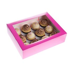 fuchsia/roze - 12 cupcake doos met venster - HOM