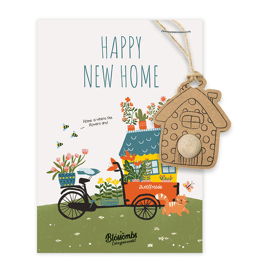 Kaart met bloemhanger en zaadbommetje Happy new home / Blossombs