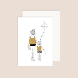 Postkaart Boy - mum with kite - yellow black / Atelier My Lovely Thing