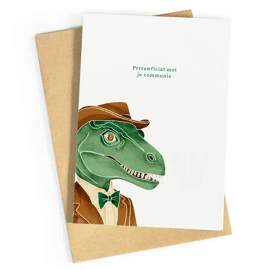 Wenskaart Dino communie / Studio Zwoane