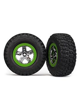 Tire & wheel assy, glued (SCT, chrome, green beadlock wheel,, TRX6876