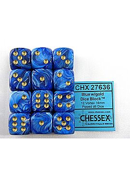 Vortex Blue/gold D6 16mm Dobbelsteen Set (12 stuks)