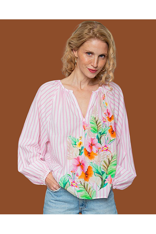 BLOUSE ROZE WITTE STREEP