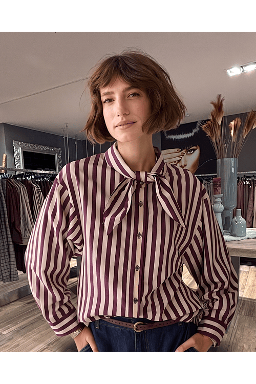 BLOUSE TWO TONE STRIPE DARK BURGUNDY