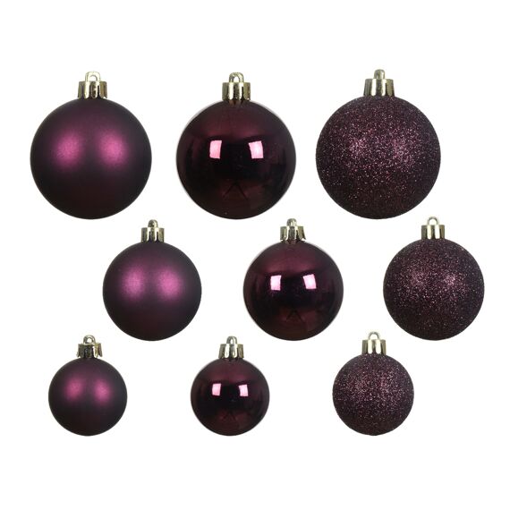 Kerstbal Plastic Glanzend-Matt-Glitter Donker Mauve Assortiment