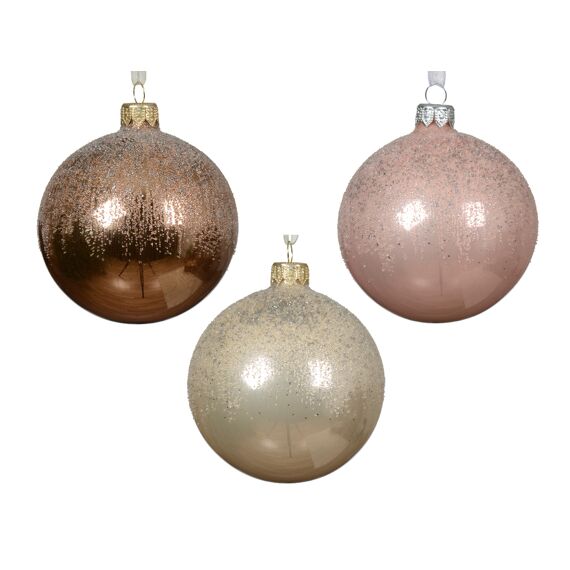 Kerstbal Glas Ballotine Top Dia8.00Cm Pearl - Blush Pink - Peacan Brown 3 Assortiment Prijs Per Stuk