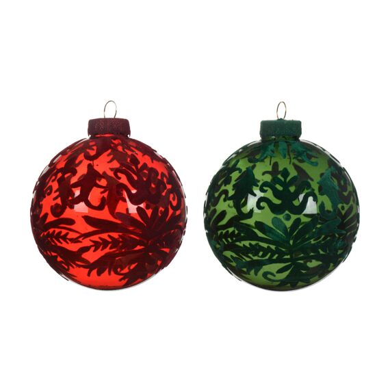 Kerstbal Glas W Velvet Baroque Print Dia8.00Cm Pine Green - Christmas Red 2 Assortiment Prijs Per Stuk