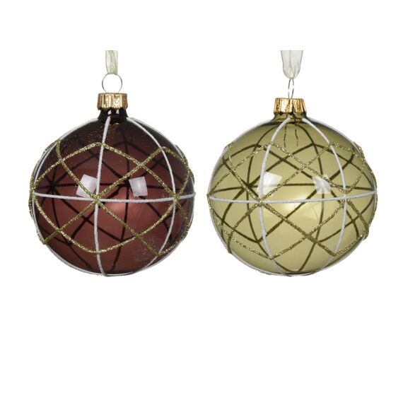 Kerstballen Glas Glitter Line Dia8.00Cm Black Truffle - Rosemary Green 2 Assortiment Prijs Per Stuk