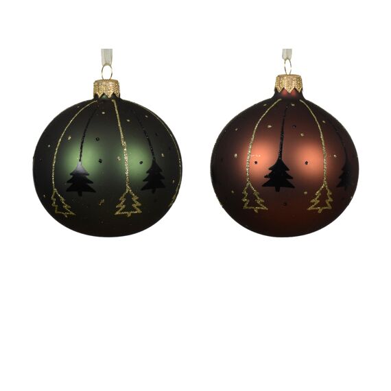 Kerstballen Glas Tree Border With Glitter Lines Dia8.00Cm Espresso - Pine Green 2 Assortiment Prijs Per Stuk