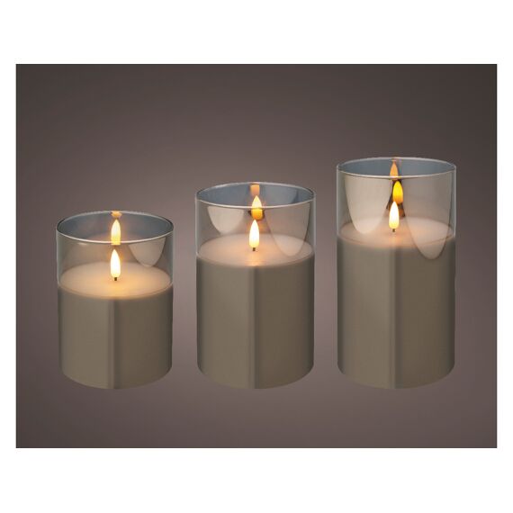 Led Kaars Glas Cylinder Bo Binnen Dia10.00-H17.50Cm-1L Rookgrijs/Warm Wit 3 St.