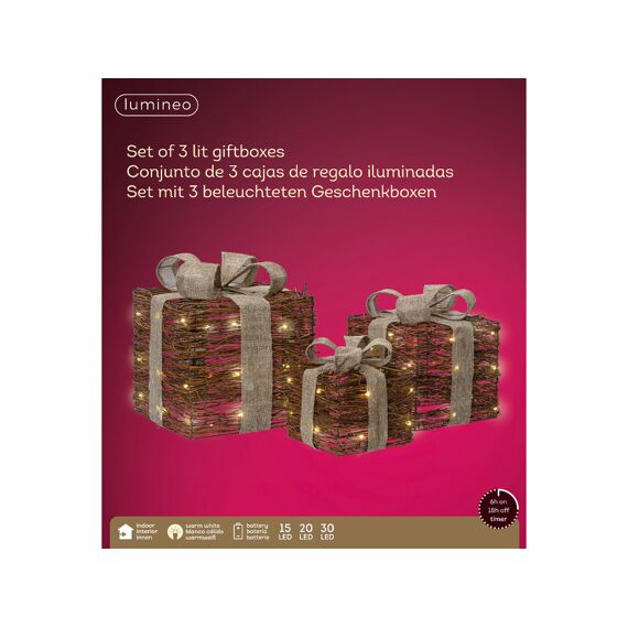 Micro Led Giftbox Rotan Steady Binnen L25.00-W25.00-H30.00Cm-30L Bruin/Warm Wit Set/3