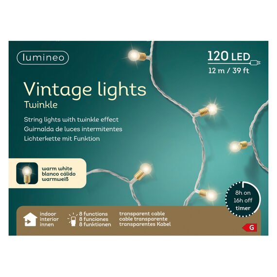 Led Vintage Lights 8 Functie Twinkel Effect Binnen 1190Cm-120L Transparant/Warm Wit