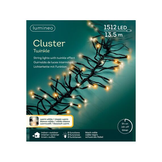 Led Clusterverlichting Twinkel Buiten 14M-1512L Zwart/Warm Wit/Klassiek Warm