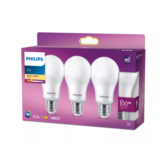 Philips Led Classic 100w A60 E27 Warm Wit Frosted Niet Dimbaar 3-Pack
