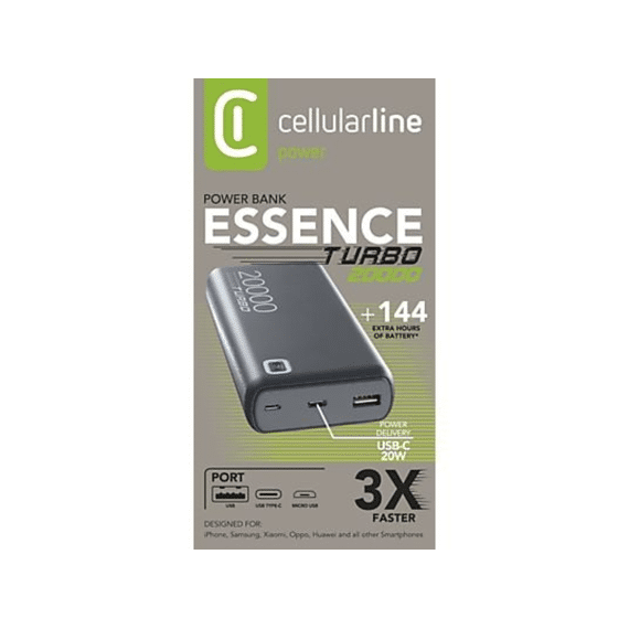 Cellularline Powerbank 20000mah Essence Turbo 20w Pd Grijs