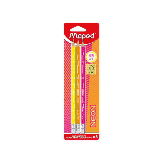 Maped Neon Potloden Met Gumtip 3 Stuks Assortiment Kleurenhouder Op Blisterkaart