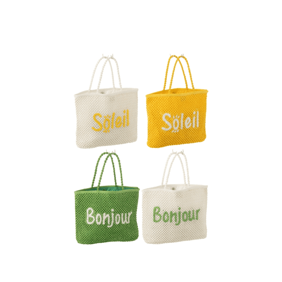 J-Line Tas Bonjour/soleil Wit/Groen/geel 8x33x45cm 4 Assortiment