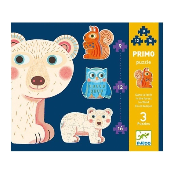 Djeco Puzzel Primo Bosdieren 9-12-16st 25,5x21,5x3,5cm