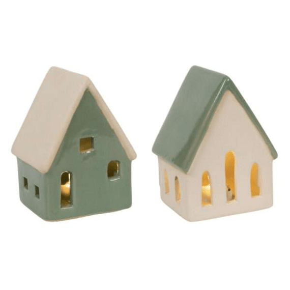 Huis Deco Simpel Beige/groen Led 10cm 7,5x6,5x10cm Assortiment Prijs Per Stuk