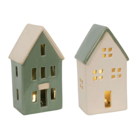 Huis Deco Simpel Beige/groen Led 15,5cm  8,5x6,5x15,5cm Assortiment Prijs Per Stuk
