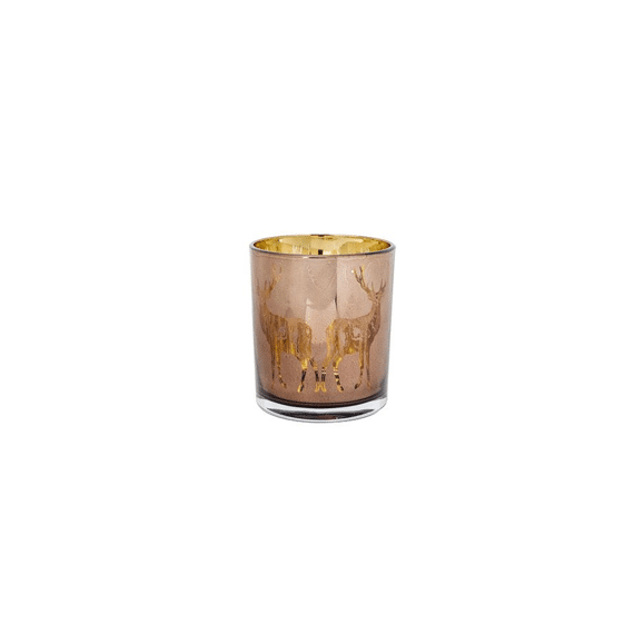 Kerst Theelichthouder Glas 7x7x8cm Deer Mirror Cognac