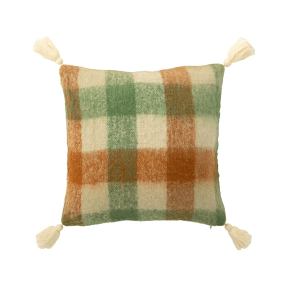 J-line Kussen met kwastjes Wit / Groen / Bruin Ruit 45x45x10cm