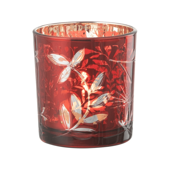 J-line Windlicht Blaadjes Glas S Rood / Antiek Goud 7,3x7,3x8cm