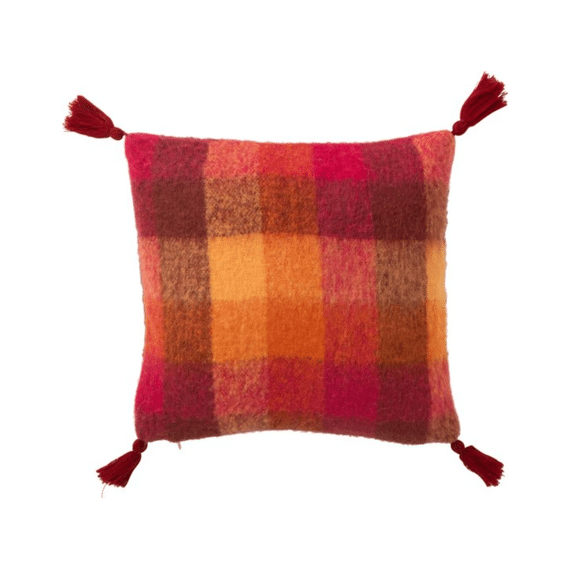 J-line Kussen met kwastjes Oranje / Rood Ruit 45x45x10cm