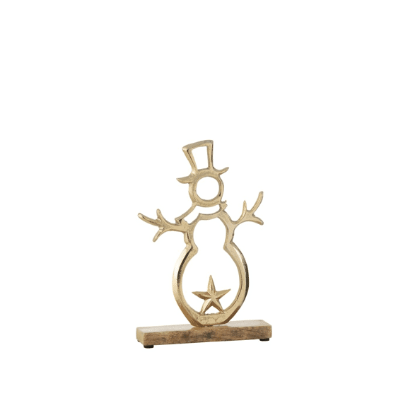 J-line Sneeuwman Ster op voet Alu Hout L Goud 17x5x26cm