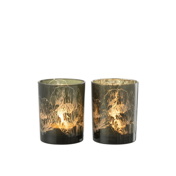 J-line Windlicht Bloemen Glas M Assortiment Kaki Groen / Antiek Groen10x10x12,5cm