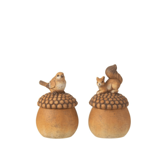 J-line Vogel / Eekhoorn op Eikel Porselein L Assortiment Bruin 13,3x13x22,4cm