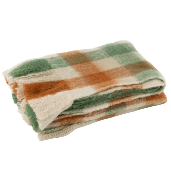 J-line Plaid met Franjes Wit / Groen / Bruin Ruit 180x130cm