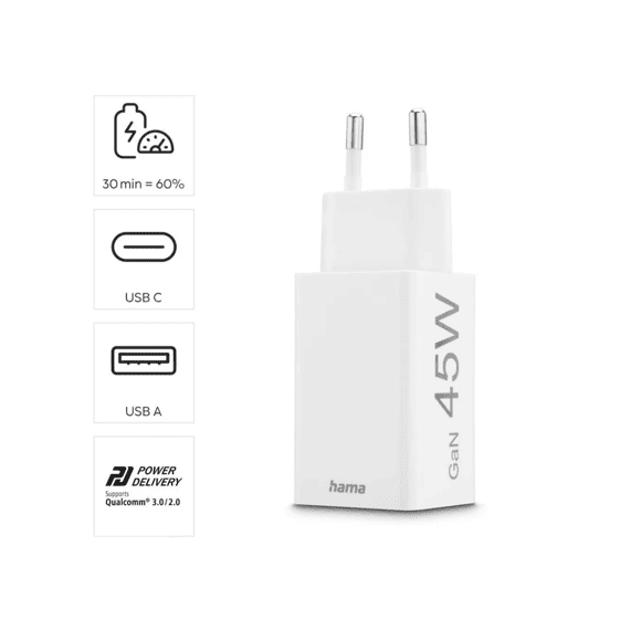 Hama Mini Snellader Usb-c + Usb-a 45w Wit