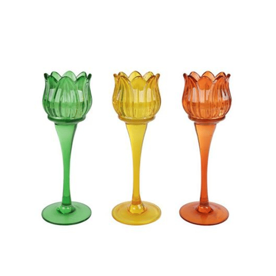 Theelichthouder Tulip op voet G/G/O Glas L 7x7x22cm Assortiment Prijs Per Stuk