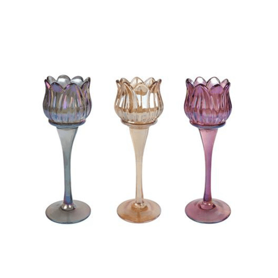 Theelichthouder Tulip op voet P/G/A Glas L 7x7x22cm Assortiment Prijs Per Stuk