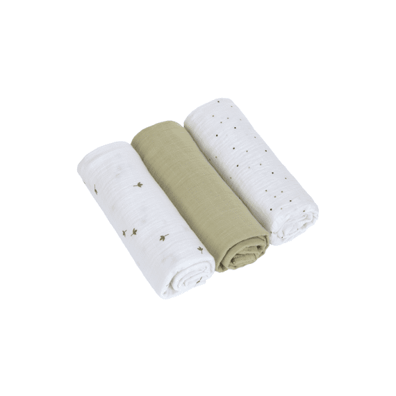 Lassig Swaddle 3stuks 85x85 GOTS Leave Olive Milky