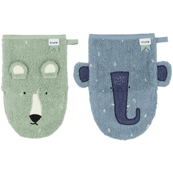 Trixie Animal Washandjes 2-pack Mr Polar Bear Green Mrs Elephant Blue