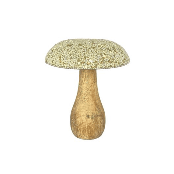 Decoratieve Paddenstoel 16cm Hout Parels Natuur/Wit
