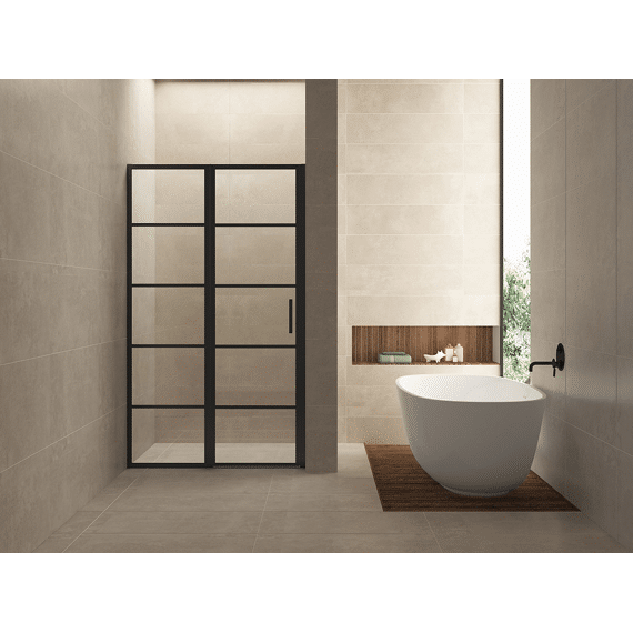 Horizon Nisdeur Met Vast Deel En Raster 1200 X 2000 X 8mm Nano Helder Glas/mat Zwart