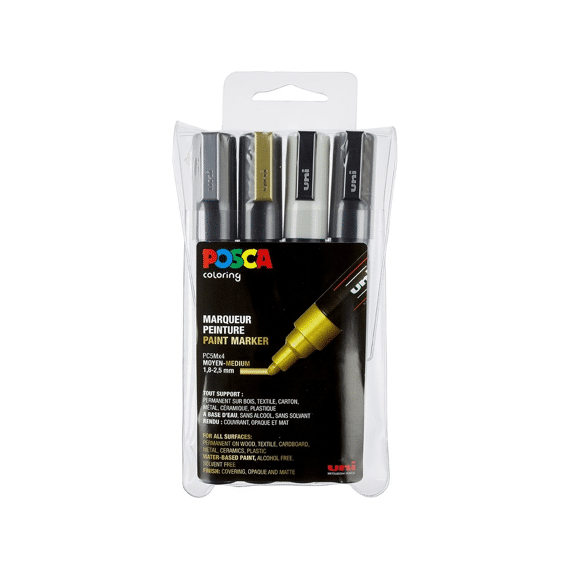 Posca Set Van 4 Markers Met Conische Punt Medium Goud-zilver-wit-zwart