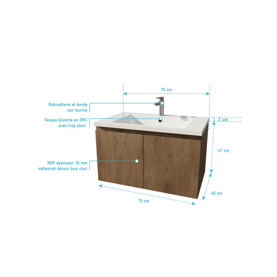 Aurlane Essential 75 Hout / Wastafel Smc