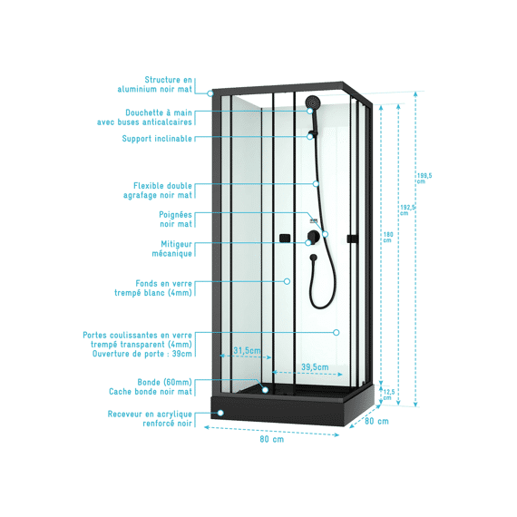 Aurlane Douchewanden Essential Square 80 Rec Zwart